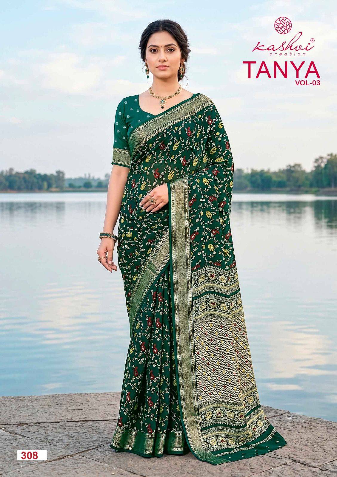 TANYA VOL. 3 BY KASHVI CREATION Indian Traditional Wear Collection Beautiful Stylish Fancy Colorful Casuals Wear DULL MOSS VISCOSE BORDER Sarees At Wholesale Price		